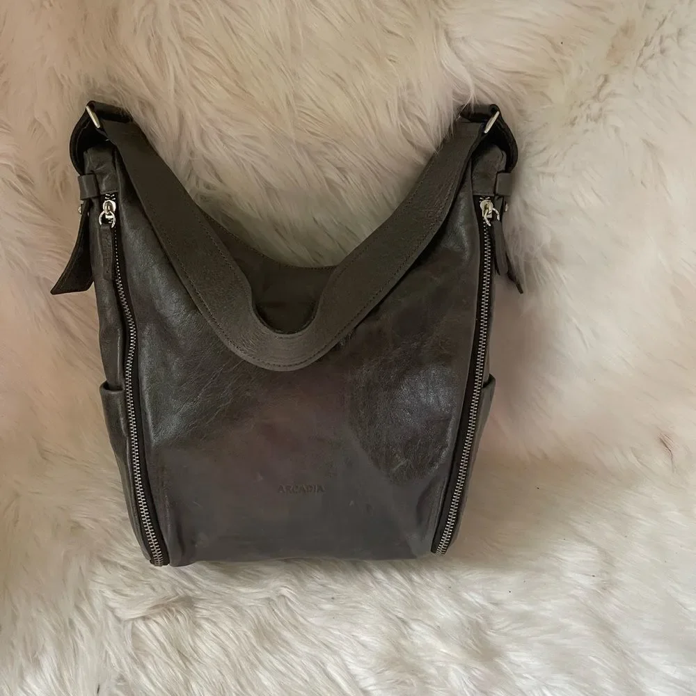 Arcadia gray Italian soft leather shoulder bag with extended silver tone…